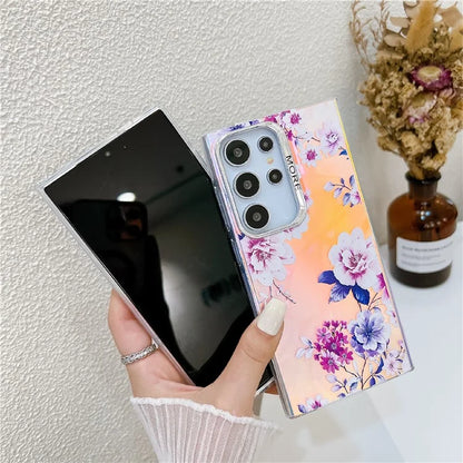 For Samsung Galaxy S22 Ultra 5G Slim Case Flower Pattern Electroplated Laser Effect Phone Cover0