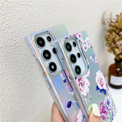 For Samsung Galaxy S22 Ultra 5G Slim Case Flower Pattern Electroplated Laser Effect Phone Cover0