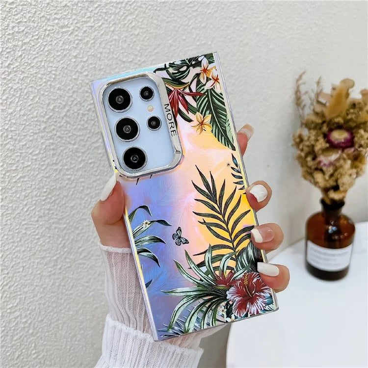 For Samsung Galaxy S22 Ultra 5G Slim Case Flower Pattern Electroplated Laser Effect Phone Cover2
