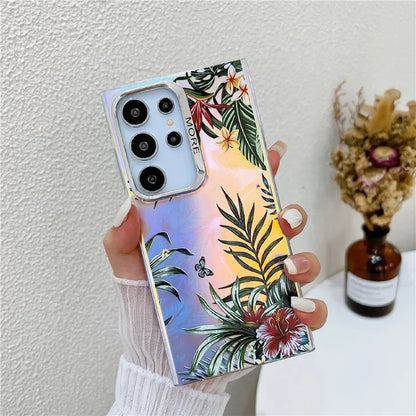 For Samsung Galaxy S22 Ultra 5G Slim Case Flower Pattern Electroplated Laser Effect Phone Cover2