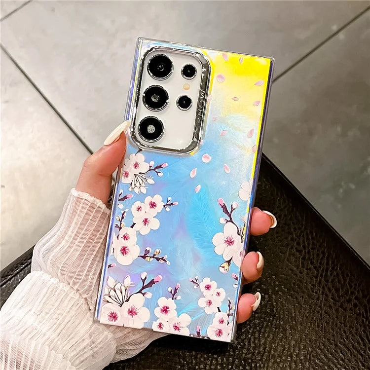 For Samsung Galaxy S22 Ultra 5G Slim Case Flower Pattern Electroplated Laser Effect Phone Cover8