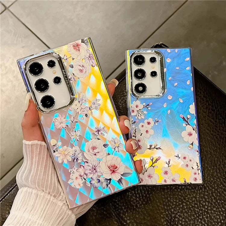 For Samsung Galaxy S22 Ultra 5G Slim Case Flower Pattern Electroplated Laser Effect Phone Cover8