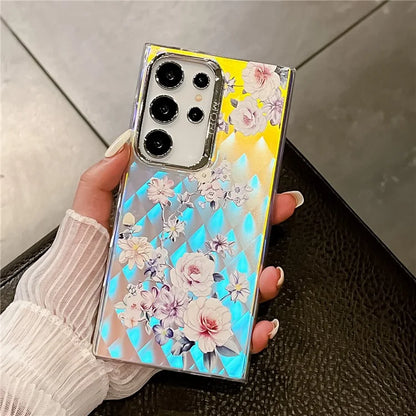 For Samsung Galaxy S22 Ultra 5G Slim Case Flower Pattern Electroplated Laser Effect Phone Cover5