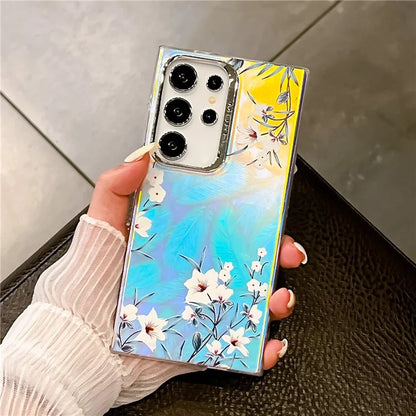 For Samsung Galaxy S22 Ultra 5G Slim Case Flower Pattern Electroplated Laser Effect Phone Cover6