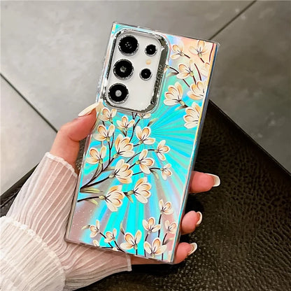 For Samsung Galaxy S22 Ultra 5G Slim Case Flower Pattern Electroplated Laser Effect Phone Cover7