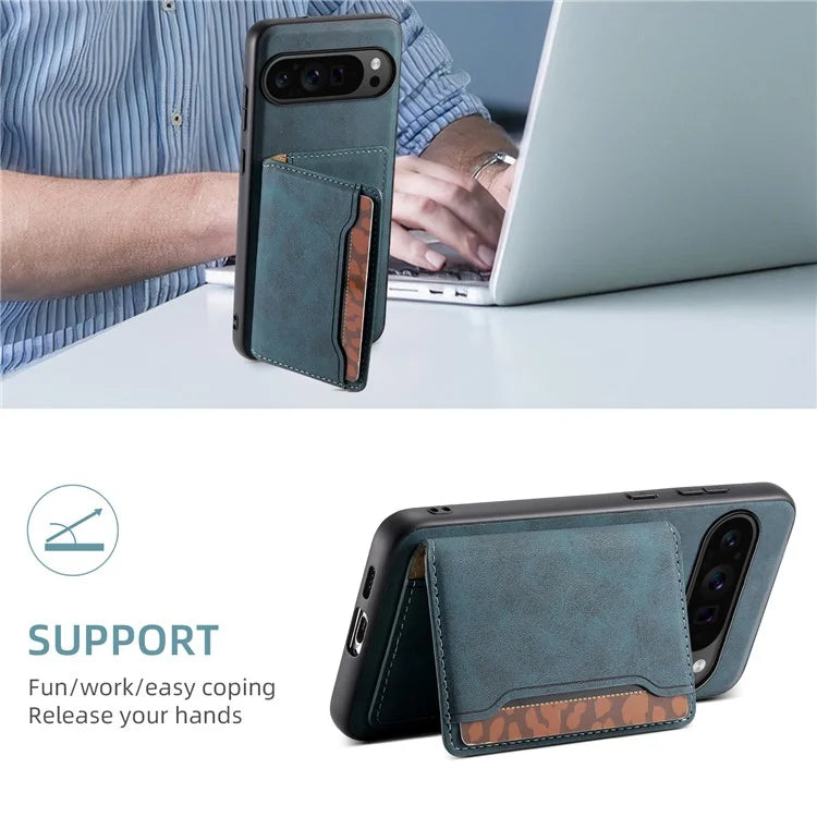 DENIOR D13 For Google Pixel 9 Pro / Pixel 9 Case Leather+PC+TPU Cover Phone Card Bag Kickstand