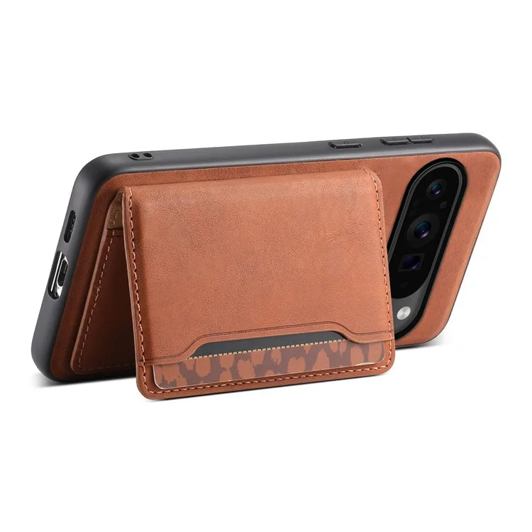 DENIOR D13 For Google Pixel 9 Pro / Pixel 9 Case Leather+PC+TPU Cover Phone Card Bag Kickstand