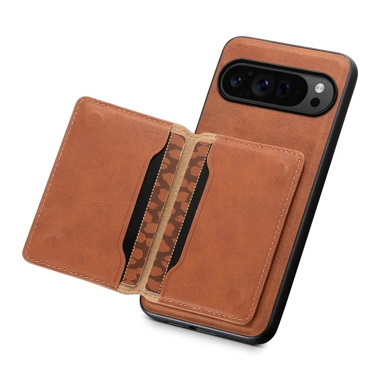DENIOR D13 For Google Pixel 9 Pro / Pixel 9 Case Leather+PC+TPU Cover Phone Card Bag Kickstand