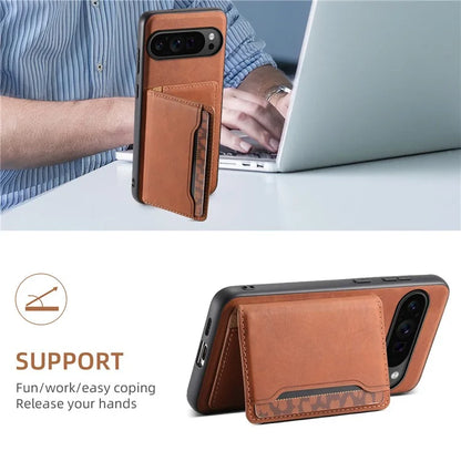DENIOR D13 For Google Pixel 9 Pro / Pixel 9 Case Leather+PC+TPU Cover Phone Card Bag Kickstand