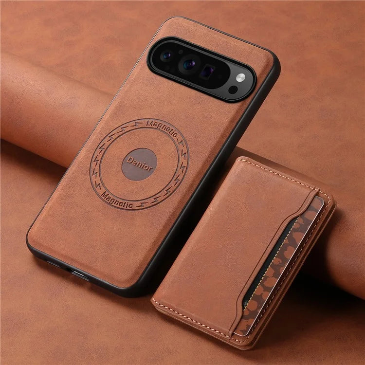 DENIOR D13 For Google Pixel 9 Pro / Pixel 9 Case Leather+PC+TPU Cover Phone Card Bag Kickstand
