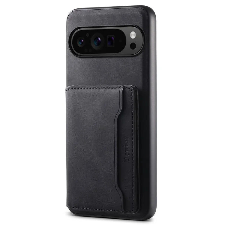 DENIOR D13 For Google Pixel 9 Pro / Pixel 9 Case Leather+PC+TPU Cover Phone Card Bag Kickstand