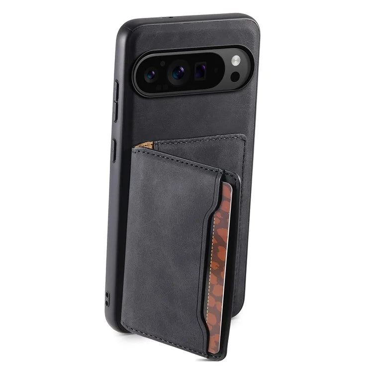 DENIOR D13 For Google Pixel 9 Pro / Pixel 9 Case Leather+PC+TPU Cover Phone Card Bag Kickstand