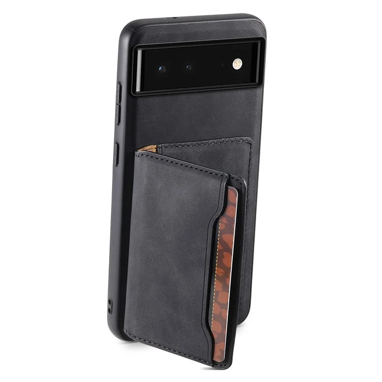 DENIOR D13 For Google Pixel 6 Case Leather+PC+TPU Phone Cover Detachable Card Bag Kickstand