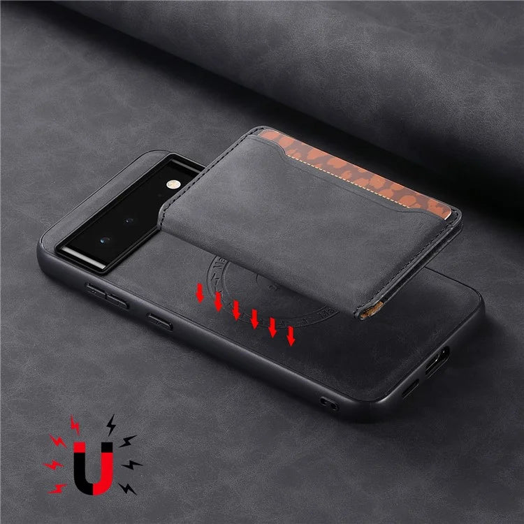 DENIOR D13 For Google Pixel 6 Case Leather+PC+TPU Phone Cover Detachable Card Bag Kickstand