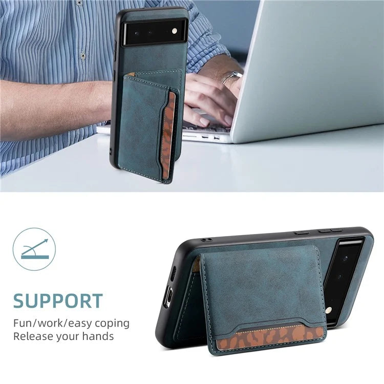 DENIOR D13 For Google Pixel 6 Case Leather+PC+TPU Phone Cover Detachable Card Bag Kickstand