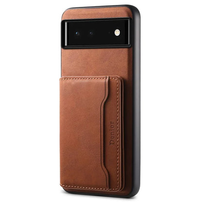 DENIOR D13 For Google Pixel 6 Case Leather+PC+TPU Phone Cover Detachable Card Bag Kickstand