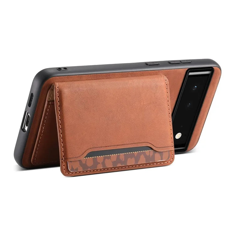 DENIOR D13 For Google Pixel 6 Case Leather+PC+TPU Phone Cover Detachable Card Bag Kickstand