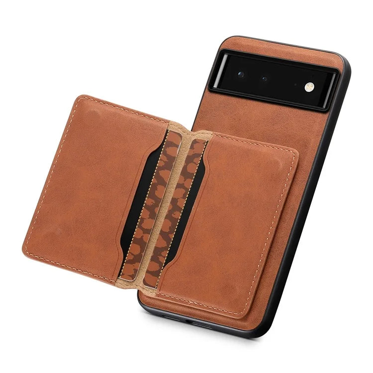 DENIOR D13 For Google Pixel 6 Case Leather+PC+TPU Phone Cover Detachable Card Bag Kickstand