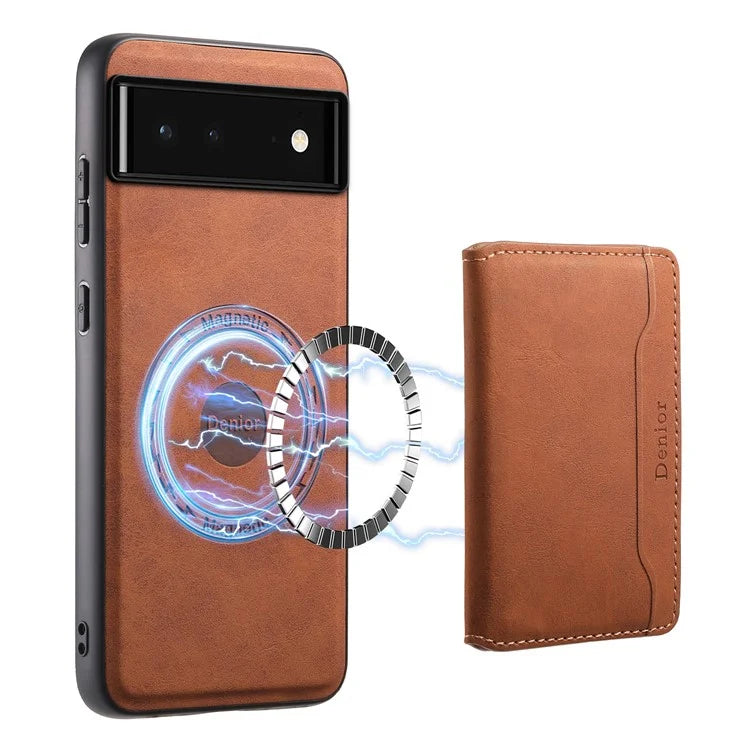 DENIOR D13 For Google Pixel 6 Case Leather+PC+TPU Phone Cover Detachable Card Bag Kickstand