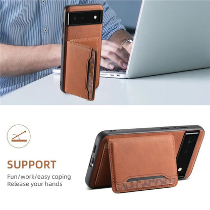 DENIOR D13 For Google Pixel 6 Case Leather+PC+TPU Phone Cover Detachable Card Bag Kickstand