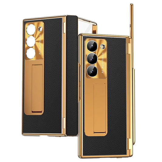For Samsung Galaxy Z Fold6 5G Case Hinge Protection PU+PC Phone Cover with Stylus / Black