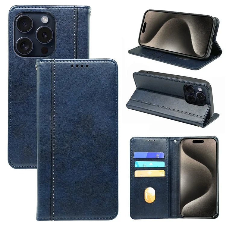 For iPhone 15 Pro Case Calf Texture PU Leather Wallet Stand Phone Cover