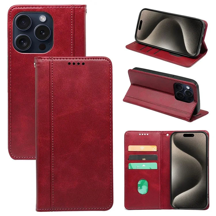 For iPhone 15 Pro Case Calf Texture PU Leather Wallet Stand Phone Cover