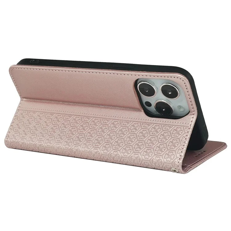 For iPhone 15 Pro Case Four-Leaf Clover Leather Flip Phone Cover