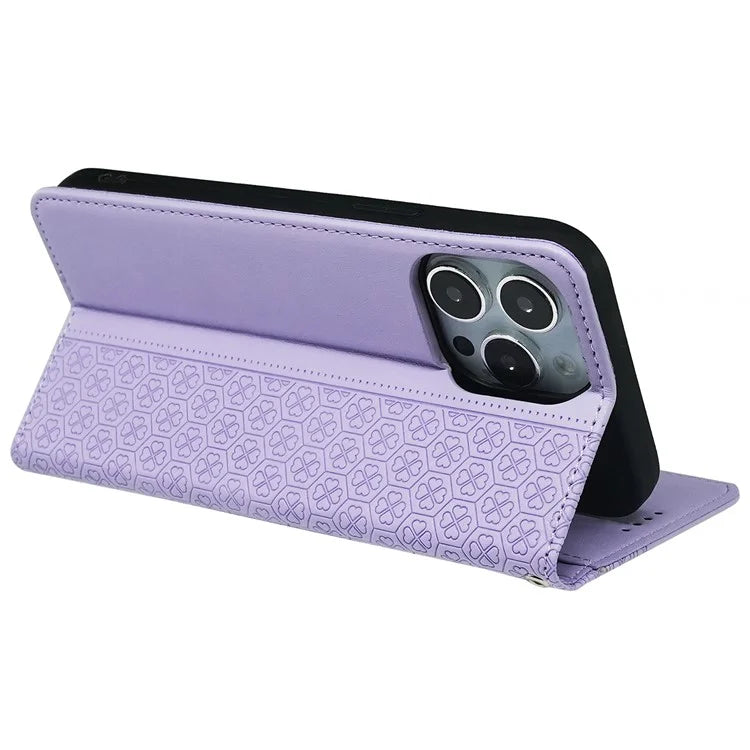 For iPhone 15 Pro Max Case Four-Leaf Clover Leather Flip Phone Cover