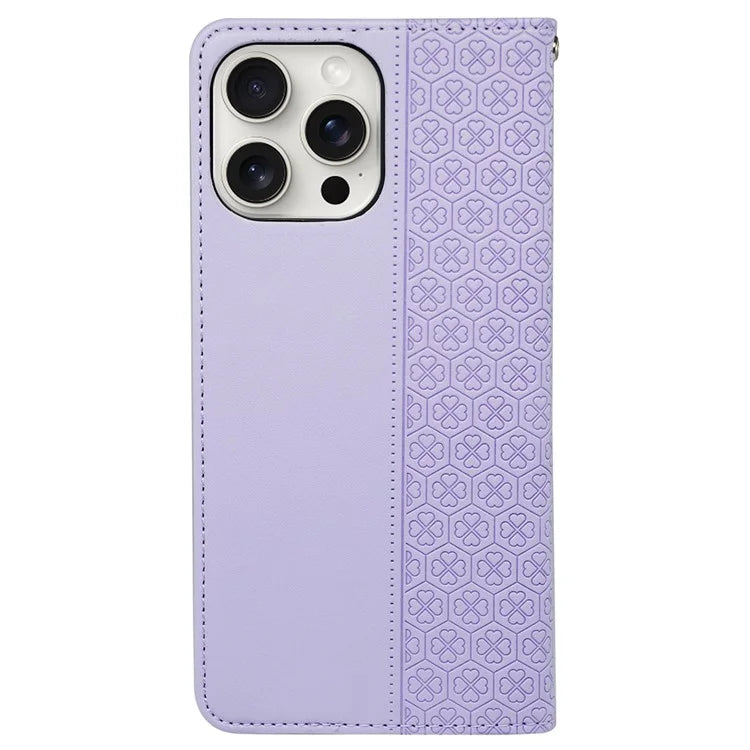 For iPhone 13 Pro Case Four-Leaf Clover Imprinted Leather Folio Phone Cover