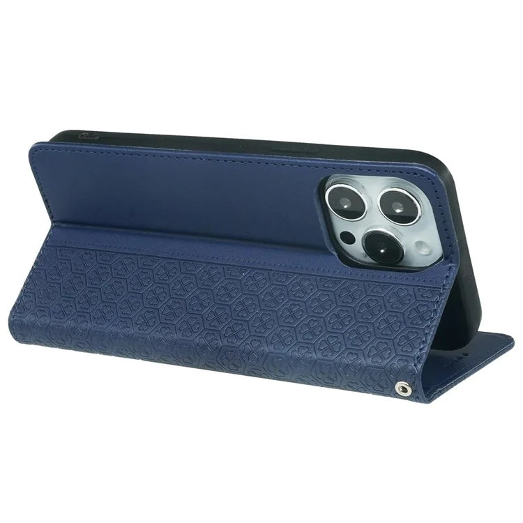 For iPhone 13 Pro Case Four-Leaf Clover Imprinted Leather Folio Phone Cover