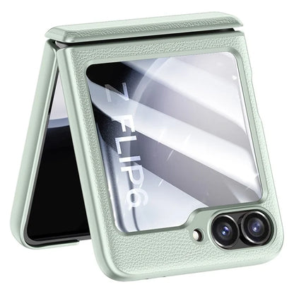 For Samsung Galaxy Z Flip6 5G Case Leather+PC Hinge Design Phone Cover with Rear Screen Film