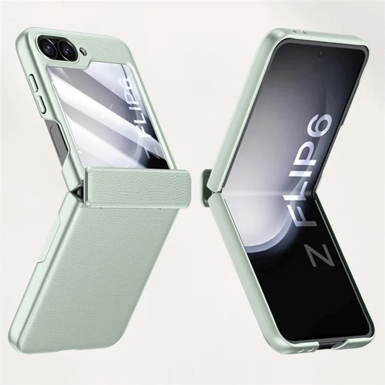 For Samsung Galaxy Z Flip6 5G Case Leather+PC Hinge Design Phone Cover with Rear Screen Film