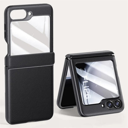 For Samsung Galaxy Z Flip6 5G Case Leather+PC Hinge Design Phone Cover with Rear Screen Film
