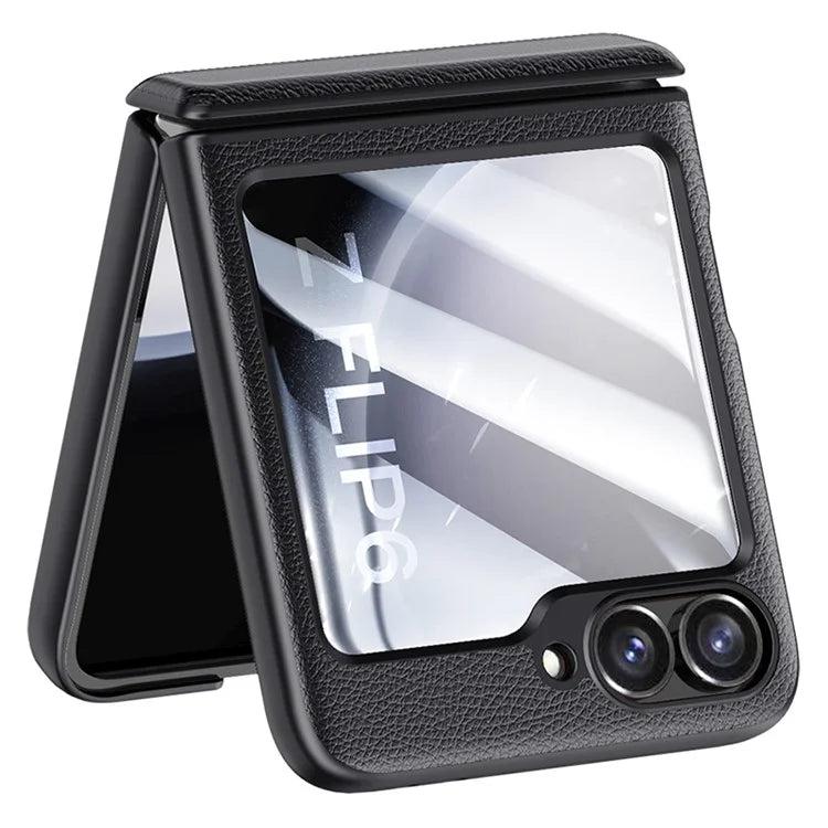 For Samsung Galaxy Z Flip6 5G Case Leather+PC Hinge Design Phone Cover with Rear Screen Film
