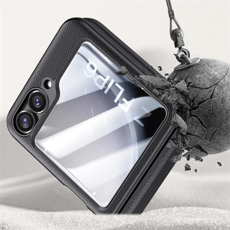 For Samsung Galaxy Z Flip6 5G Case Leather+PC Hinge Design Phone Cover with Rear Screen Film