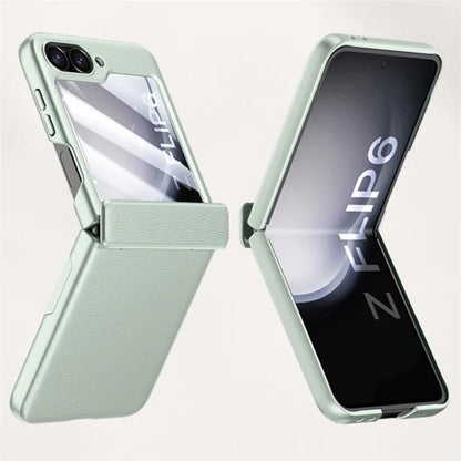 For Samsung Galaxy Z Flip6 5G Case Leather+PC Hinge Design Phone Cover with Rear Screen Film
