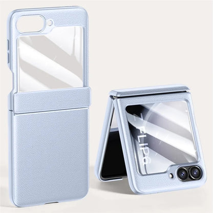 For Samsung Galaxy Z Flip6 5G Case Leather+PC Hinge Design Phone Cover with Rear Screen Film