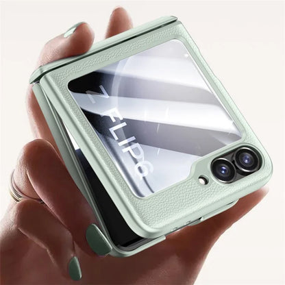 For Samsung Galaxy Z Flip6 5G Case Leather+PC Hinge Design Phone Cover with Rear Screen Film