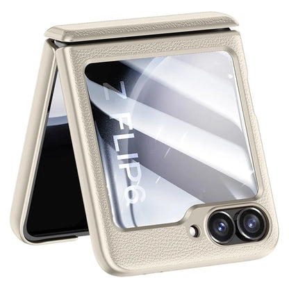 For Samsung Galaxy Z Flip6 5G Case Leather+PC Hinge Design Phone Cover with Rear Screen Film