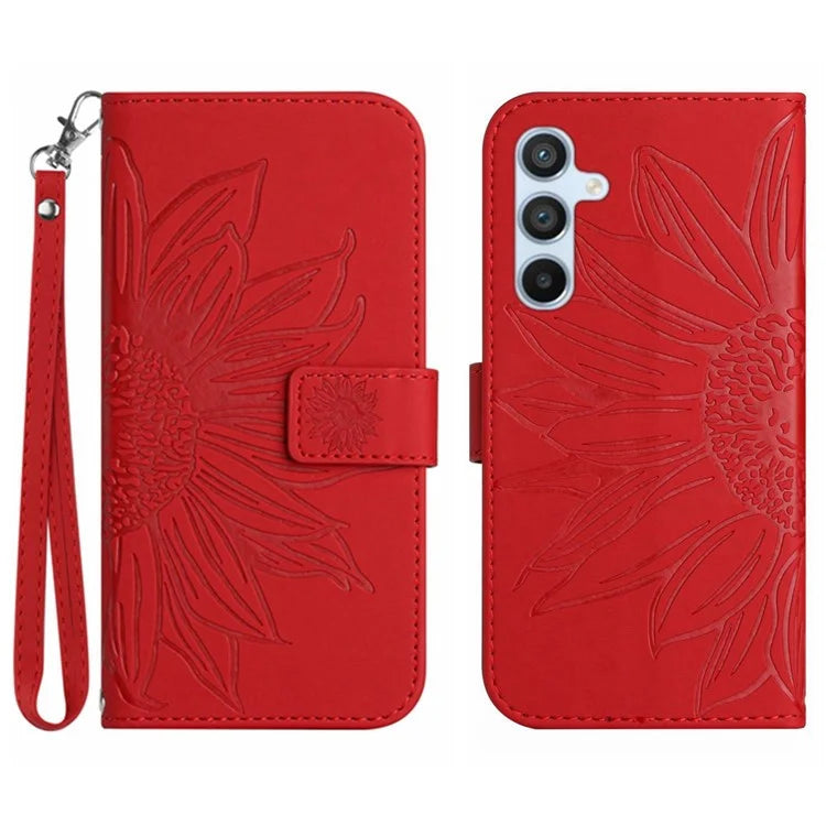 HT04 For Samsung Galaxy S24 FE Case Sunflower Phone Leather Cover with Hand Strap