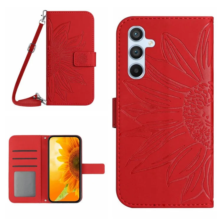 HT04 For Samsung Galaxy S24 FE Case Sunflower Leather Flip Phone Cover with Shoulder Strap