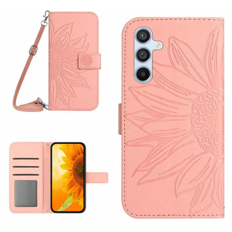 HT04 For Samsung Galaxy S24 FE Case Sunflower Leather Flip Phone Cover with Shoulder Strap