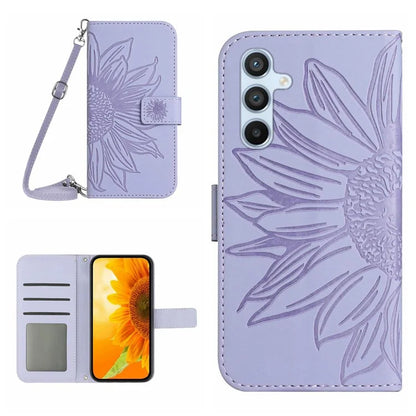 HT04 For Samsung Galaxy S24 FE Case Sunflower Leather Flip Phone Cover with Shoulder Strap
