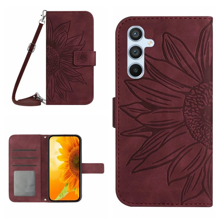 HT04 For Samsung Galaxy S24 FE Case Sunflower Leather Flip Phone Cover with Shoulder Strap
