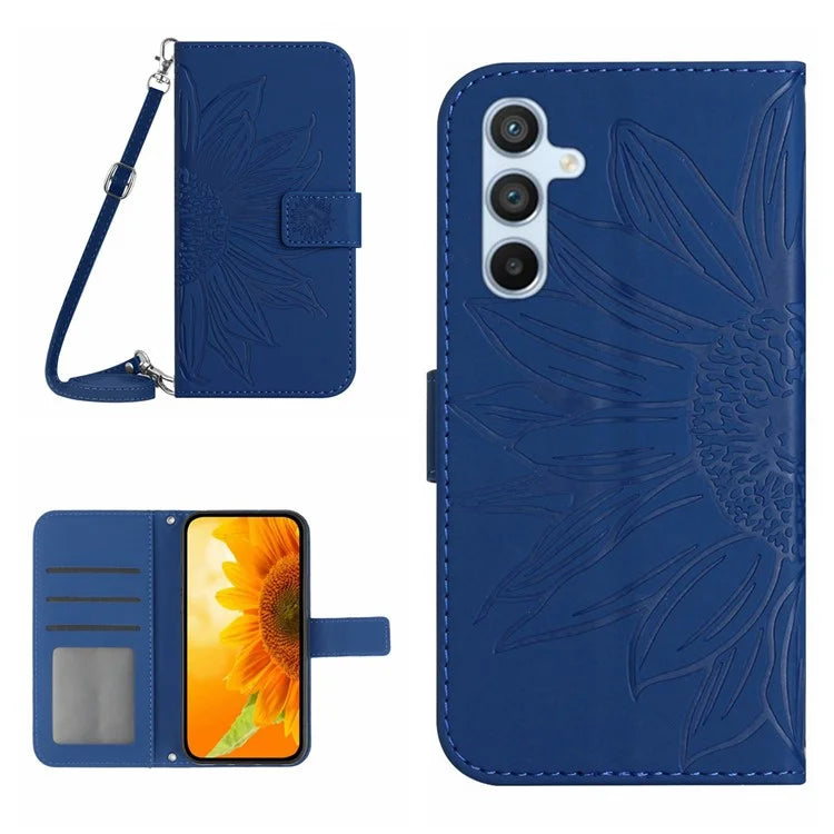HT04 For Samsung Galaxy S24 FE Case Sunflower Leather Flip Phone Cover with Shoulder Strap