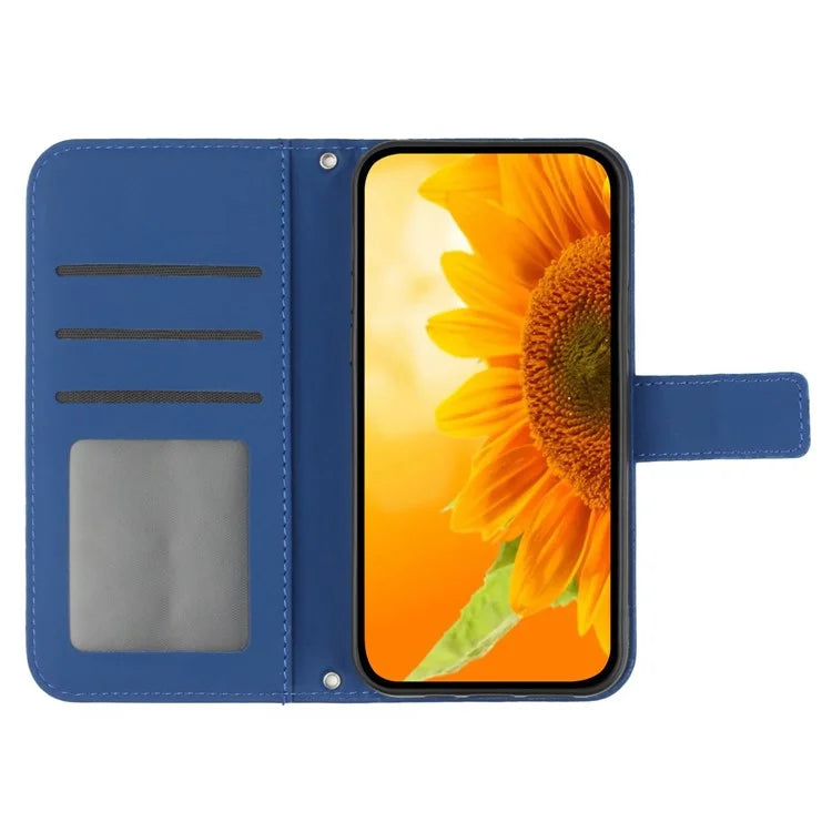 HT04 For Samsung Galaxy S24 FE Case Sunflower Leather Flip Phone Cover with Shoulder Strap