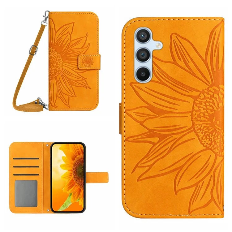 HT04 For Samsung Galaxy S24 FE Case Sunflower Leather Flip Phone Cover with Shoulder Strap