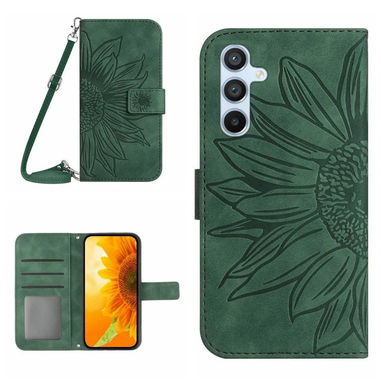 HT04 For Samsung Galaxy S24 FE Case Sunflower Leather Flip Phone Cover with Shoulder Strap