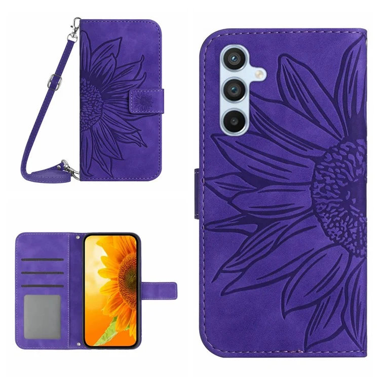 HT04 For Samsung Galaxy S24 FE Case Sunflower Leather Flip Phone Cover with Shoulder Strap